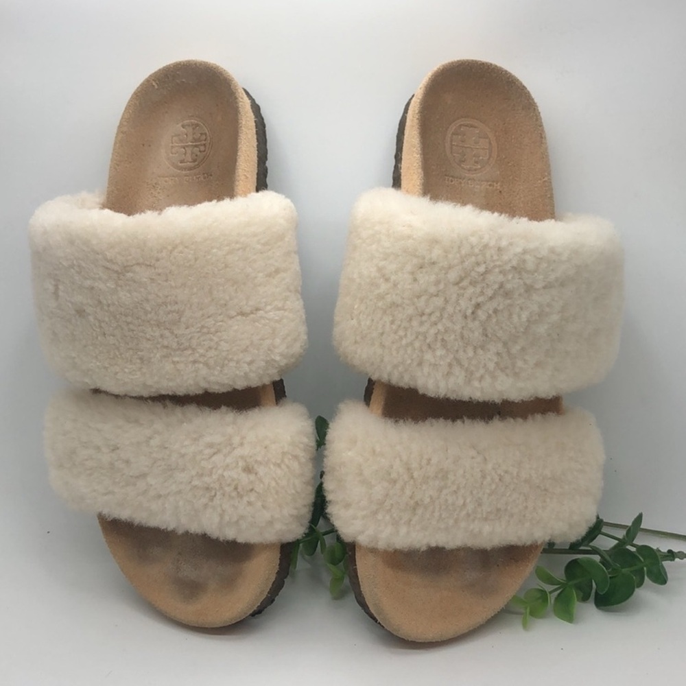 Tory Burch Sheldon Shearling Tan Slip On Slide-size 7